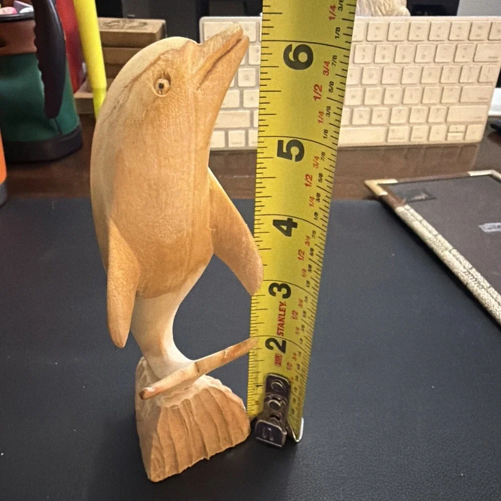 Vintage Hand Carved Wooden Dolphin Figurine On Base 6